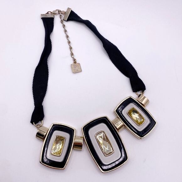 Anne Klein Signed Vintage Ribbon Necklace Black and Gold Toned - Picture 1 of 7